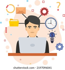 Multi Takers Secretary Avatar, Hrm symbol, Person performing  email, operation and time management task vector color icon design, business character stock illustration, Focal Hr Person Sign