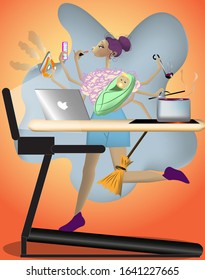 Multi task  modern mommy. Vector illustration with young mother who performs many tasks at the same time.