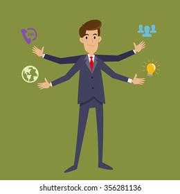 Multi tasking businessman with four arms, vector illustration