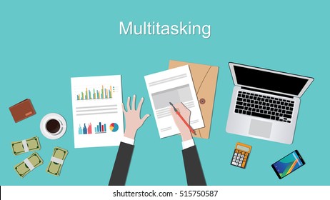 multi tasking concept illustration with businessman working on paperwork document with laptop and hand