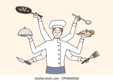 Multi Tasking Cooking Chef Concept. Smiling Young Multitasking Kitchen Chef Man Cartoon Character In Working Uniform Standing Cooking Holding Dishes In Many Hands Vector Illustration 