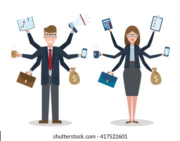 Multi Tasking Happy Businessman And Businesswoman With On White Background. Successful Competent Businessman. Workaholic. Talented And Professional. Leadership. Hold Calculator, Phone, Cup In Hand