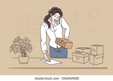 Multi tasking in office concept. Young pretty brunette woman cartoon character standing talking on phone while writing tasks and holding boxes in office vector illustration 