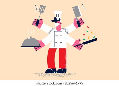 Multi tasking and working as chef concept. Smiling young Multitasking kitchen chef man cartoon character in working uniform standing cooking holding dishes in many hands vector illustration 