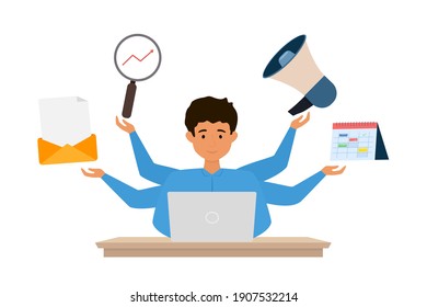 Multi tasks office manager. Effective management concept. Vector illustration isolated on white background.
