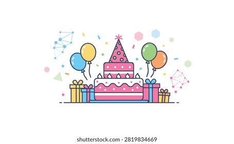 Multi tier birthday cake decorated with polka dots, party hat, balloons, and surrounding gift boxes.