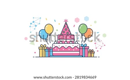 Multi tier birthday cake decorated with polka dots, party hat, balloons, and surrounding gift boxes.