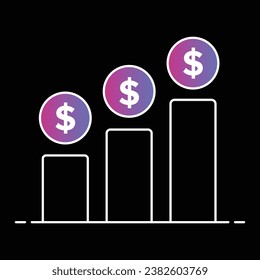 A multi tier savings icon with three bars and a dollar sign above each, representing savings goals, financial planning, and financial goals.