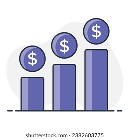 A multi tier savings icon with three bars and a dollar sign above each, representing savings goals, financial planning, and financial goals.