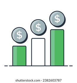 A multi tier savings icon with three bars and a dollar sign above each, representing savings goals, financial planning, and financial goals.