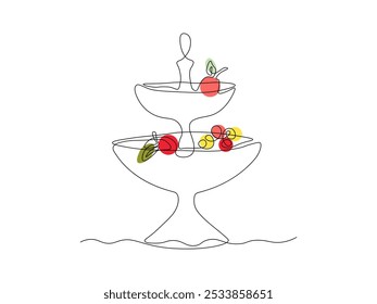 multi tiered fruit bowl, continuous one line art hand drawing sketch, logo