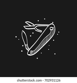 Multi tool icon in doodle sketch lines. Multifunction camping survival multipurpose sharp repair