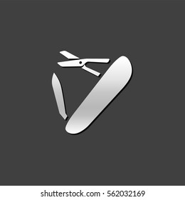 Multi tool icon in metallic grey color style. Multifunction camping survival