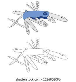 Multi tool knife cartoon. Outlined illustration with thin line black stroke