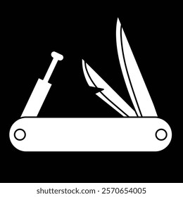 Multi tool knife flat icon vector illustration, army folding knife clipart, multi knife clip art, pocket knife camping tool, white on black background