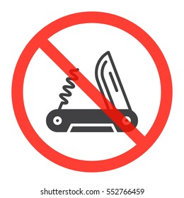 Multi tool knife icon in prohibition red circle, ban sign, forbidden symbol. Vector illustration isolated on white