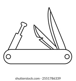 Ilustración vectorial de arte de línea de herramienta múltiple, ícono de línea de cuchillo plegable, arte de Clip de cuchillo de bolsillo lineal, contorno de cuchillo suizo