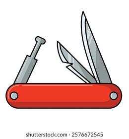 Multi tool pocket knife vector illustration, red folding knife clip art, pocket knife flat icon, multifunctional pocket knife portable camping tool 