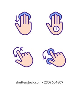 Multi touch control pixel perfect RGB color icons set. Three finger tap and hold. Rotation function. Touchscreen. Isolated vector illustrations. Simple filled line drawings collection. Editable stroke