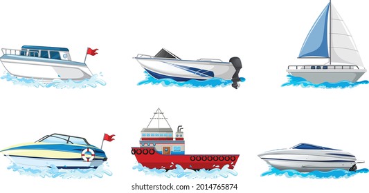 Multi type of boat with cano, sailboat, ship