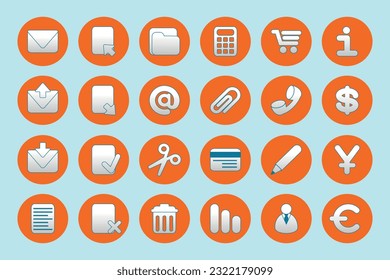 Multi variation orange color web flat buttons and icon set collection. Vector icons collection.