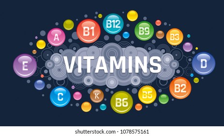 Multi Vitamin complex icons. Vitamin A, B group - B1, B2, B3, B5, B6, B9, B12, C, D, E, K multivitamin supplement logo, isolated black background. Diet Infographic poster. Pharmacy vector illustration