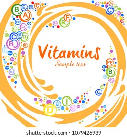 Multi Vitamin complex icons. Vitamin A, B1, B2, B3, B5, B6, B9, B12, C, D, E, K, PP multivitamin supplement logo, isolated white background. Medical image. Bubbles. Vector illustration.