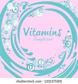 Multi Vitamin complex icons. Vitamin A, B1, B2, B3, B5, B6, B9, B12, C, D, E, K, PP multivitamin supplement logo,  Medical image. Bubbles. Healthy lifestyle. Vector illustration.