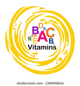 
Multi Vitamin complex icons. Vitamin A, B1, B6, B9, B12, C, D, E, PP multivitamin supplement logo, isolated white background. Medical image. Stickers or circle labels. Bubbles. Vector illustration.  