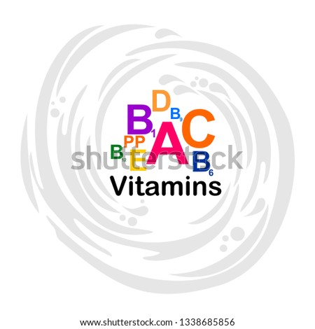 
Multi Vitamin complex icons. Vitamin A, B1, B6, B9, B12, C, D, E, PP multivitamin supplement logo, isolated white background. Medical image. Stickers or circle label.  Vector illustration.  