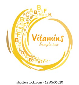 Multi Vitamin complex icons. Gold Vitamin A, B1, B2, B3, B5, B6, B9, B12, C, D, E, K, PP multivitamin supplement logo, isolated black background. Medical image. Healthy lifestyle. Vector illustration.