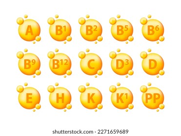 Iconos del complejo de múltiples vitaminas. Cápsulas redondas doradas. Complejo vitamínico esencial