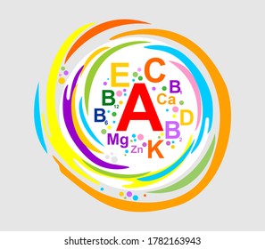 Iconos del complejo de múltiples vitaminas. Complemento multivitamínico, logotipo de vitamina A, grupo B1, B2, B6, B12, C, D, E, K. Complejo de vitamina para infografía, artículos científicos, revistas de salud. Ilustración del vector