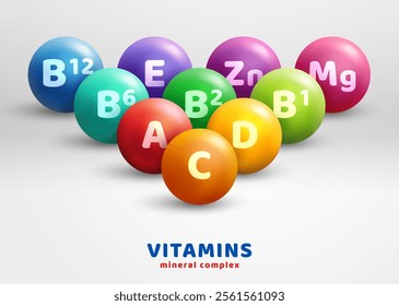 Multi Vitamin complex icons poster. Vector illustration. Multivitamin supplement, b1, d, e, mg, c, zinc, magnesium, a. Diet poster. Colorful pills capsule, droplet group on white background.