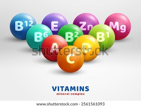 Multi Vitamin complex icons poster. Vector illustration. Multivitamin supplement, b1, d, e, mg, c, zinc, magnesium, a. Diet poster. Colorful pills capsule, droplet group on white background.