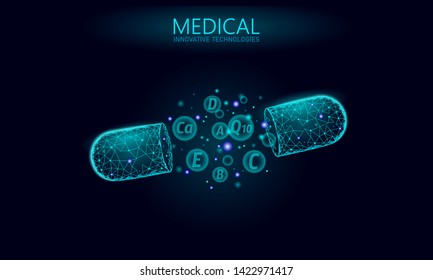 Multi vitamin complex low poly capsule. Health supplement skin care bodybuilding anti-aging pharmacy banner template. 3D coenzyme Q10, A, B, C, D. Medicine science vector illustration