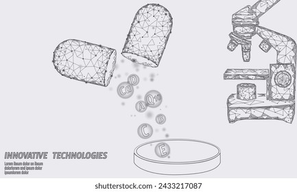  Multi vitamin complex low poly capsule. Health supplement skin care bodybuilding anti-aging pharmacy banner template. 3D coenzyme Q10, A, B, C, D. Medicine science vector illustration art