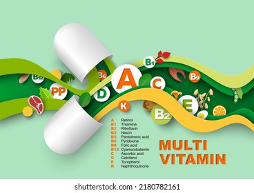 Multi vitamin complex paper cut poster. Craft art vector pill and multivitamin spilled out of vitamin capsule. Natural food supplement advertising illustration. Pharmacy promotion banner design svg
