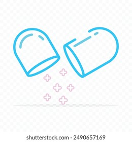 Multi vitamin complex pouring from an open medical capsule. Opened drug capsule medicine. Protection probiotics, split capsule