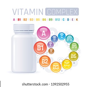 Multi vitamin complex supplement. 3d mockup with empty bottle & vitamins a, b1, b2, b3, b5, b6, b9, b12, c, d, e, k. Trendy health realistic multivitamin complex poster. Isolated on white background. 