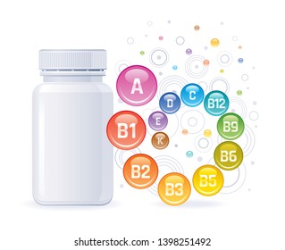 Multi vitamin complex supplement. 3d mockup with empty bottle & vitamins a, b1, b2, b3, b5, b6, b9, b12, c, d, e, k. Trendy health realistic multivitamin complex poster. Isolated on white background. 