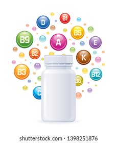 Multi vitamin complex supplement. 3d mockup with empty bottle & vitamins a, b1, b2, b3, b5, b6, b9, b12, c, d, e, k. Trendy health realistic multivitamin complex poster. Isolated on white background. 