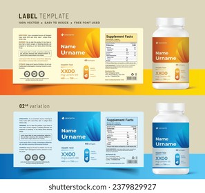 Diseño de pegatinas con etiquetas de vitamina múltiple, empaquetado de pancartas con suplemento de alimento natural, etiqueta de frasco de medicina de productos sanitarios impresión vectorial archivo moderno.
