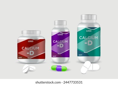 Diseño de etiquetas de múltiples vitaminas y botella de suplemento alimenticio de calcio natural envasado, cápsula o botella de tableta etiqueta de frasco de aceite de vitamina Vector listo eps 10.