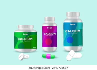 Diseño de etiquetas de múltiples vitaminas y botella de suplemento alimenticio de calcio natural envasado, cápsula o botella de tableta etiqueta de frasco de aceite de vitamina Vector listo eps 10.