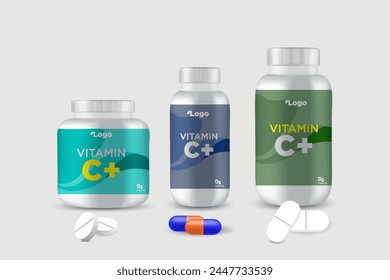 Diseño de etiquetas de múltiples vitaminas y botella de suplemento alimenticio de calcio natural envasado, cápsula o botella de tableta etiqueta de frasco de aceite de vitamina Vector listo eps 10.