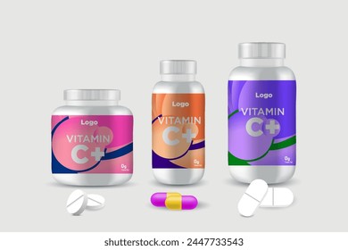 Multi vitamin label sticker design and natural calcium food supplement bottle packaging, capsule or tablet bottle jar label vitamin oil product print ready vector eps 10.