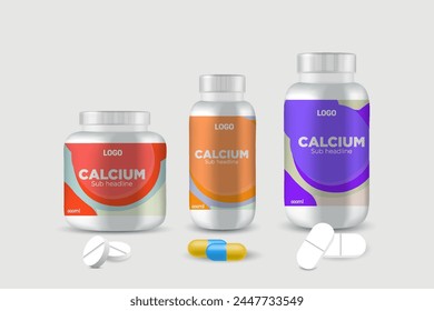 Diseño de etiquetas de múltiples vitaminas y botella de suplemento alimenticio de calcio natural envasado, cápsula o botella de tableta etiqueta de frasco de aceite de vitamina Vector listo eps 10.