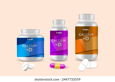 Diseño de etiquetas de múltiples vitaminas y botella de suplemento alimenticio de calcio natural envasado, cápsula o botella de tableta etiqueta de frasco de aceite de vitamina Vector listo eps 10.