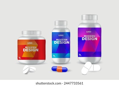 Multi vitamin label sticker design and natural calcium food supplement bottle packaging, capsule or tablet bottle jar label vitamin oil product print ready vector eps 10.